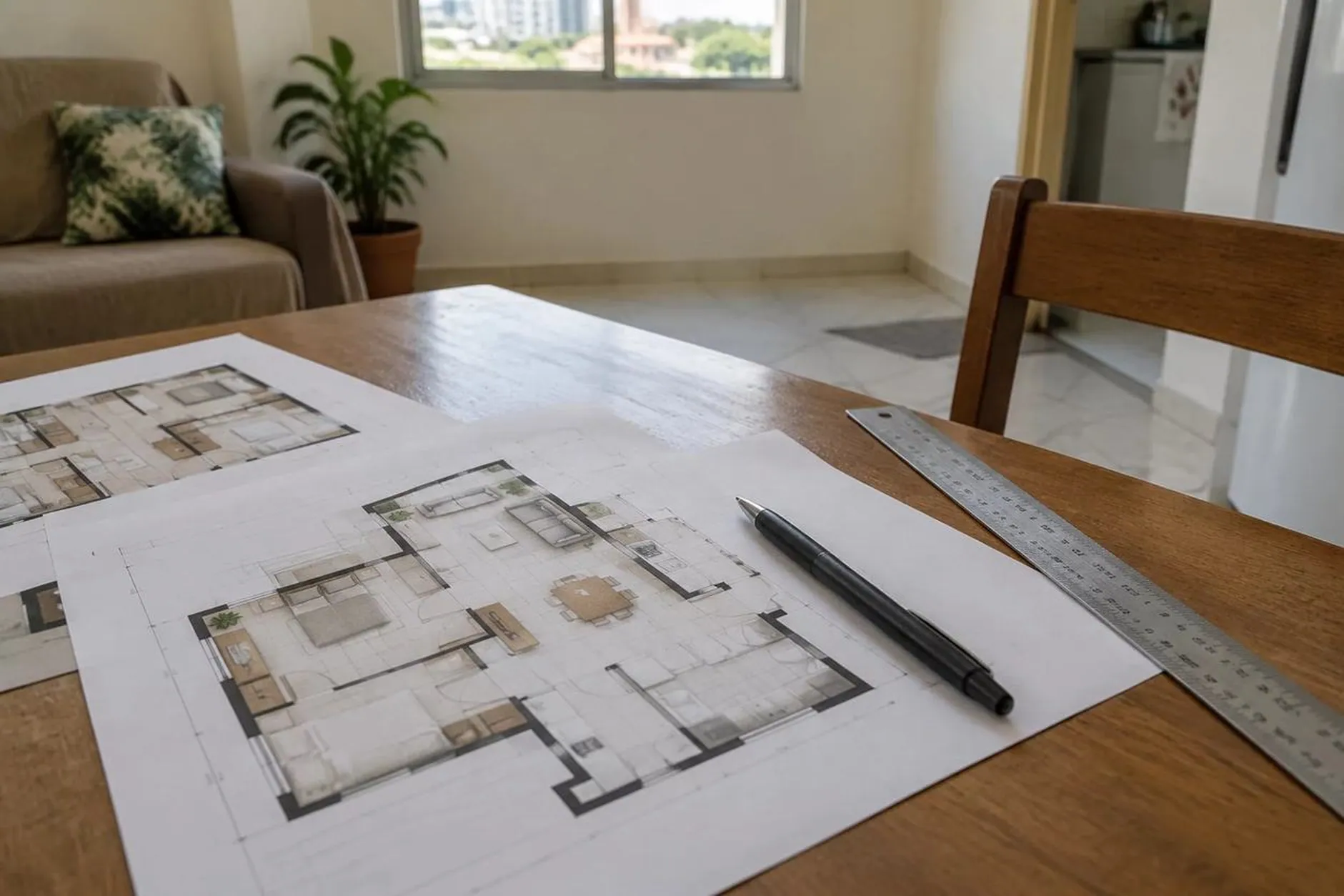 Planta baixa de uma casa com fita métrica e lápis, usada numa avaliação